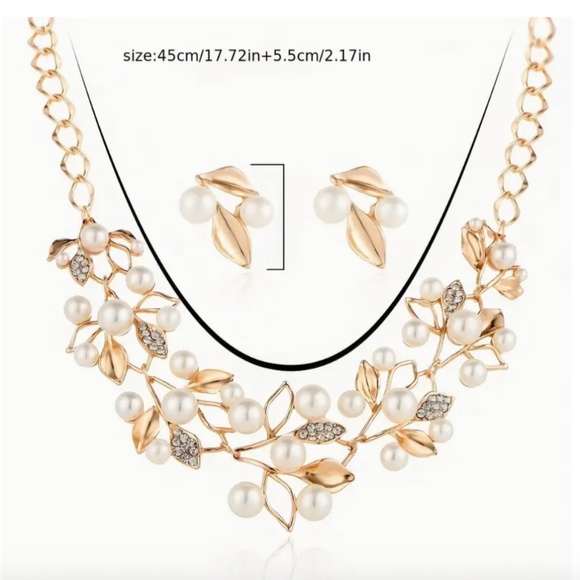 Necklace & Earrings Set - Branch Leaf - Faux Pearls, Gold tone Chain - Picture 3 of 6